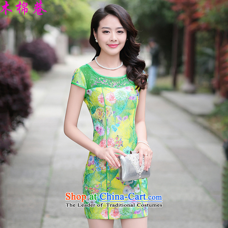 The Kapok Lane, Sau San short qipao bay elegance of the Republic of Korea sincerely, Tang dynasty robe stamp stitching retro style qipao improved daily dresses green background rose XL, Muk Min lane has been pressed shopping on the Internet