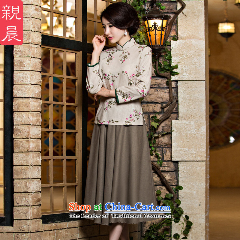 At 2015 new pro-improved stylish shirt qipao autumn and winter long of daily retro long-sleeved cotton linen dresses beige day lilies + card their skirts?M