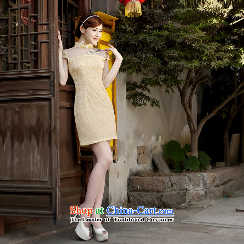 Yet, a new summer 2015 Sau San video thin temperament elegant retro lace cheongsam dress short of female SM61210 YELLOW S naoji a , , , shopping on the Internet