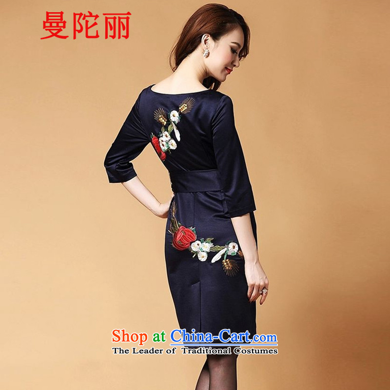 Cayman and Lai Tang Gown cheongsam dress summer 2015, summer new women's larger noble dinner dress short of embroidery short-sleeved silk dresses navy sleeveless XXL, Cayman and Lai , , , shopping on the Internet