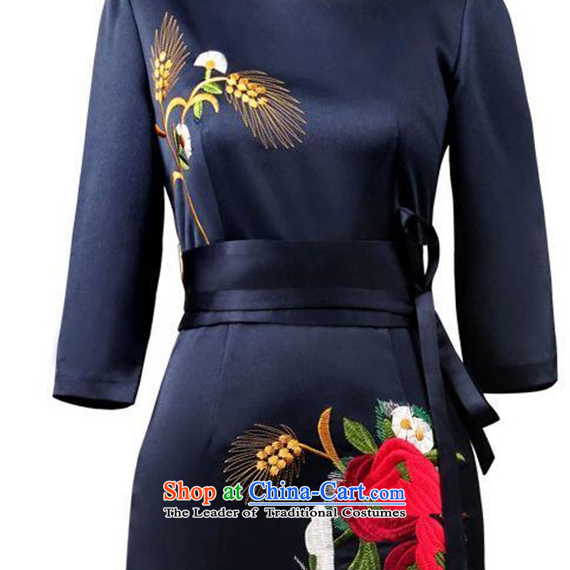 Cayman and Lai Tang Gown cheongsam dress summer 2015, summer new women's larger noble dinner dress short of embroidery short-sleeved silk dresses navy sleeveless XXL, Cayman and Lai , , , shopping on the Internet