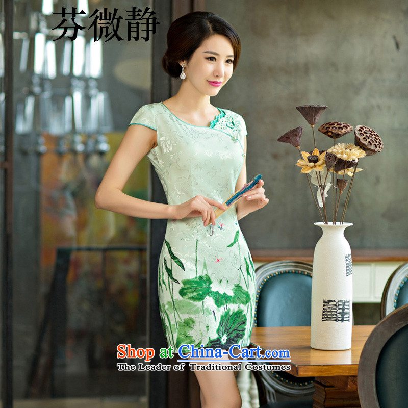 Stephen micro-ching?2015 Summer improved female cheongsam dress retro-day short of Sau San qipao gown?632 green?S