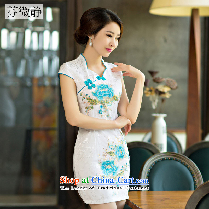 Leung Ching-day qipao mini skirt short of 2015 Summer Improved large qipao code female bows services safflower M Leung micro-ching , , , shopping on the Internet