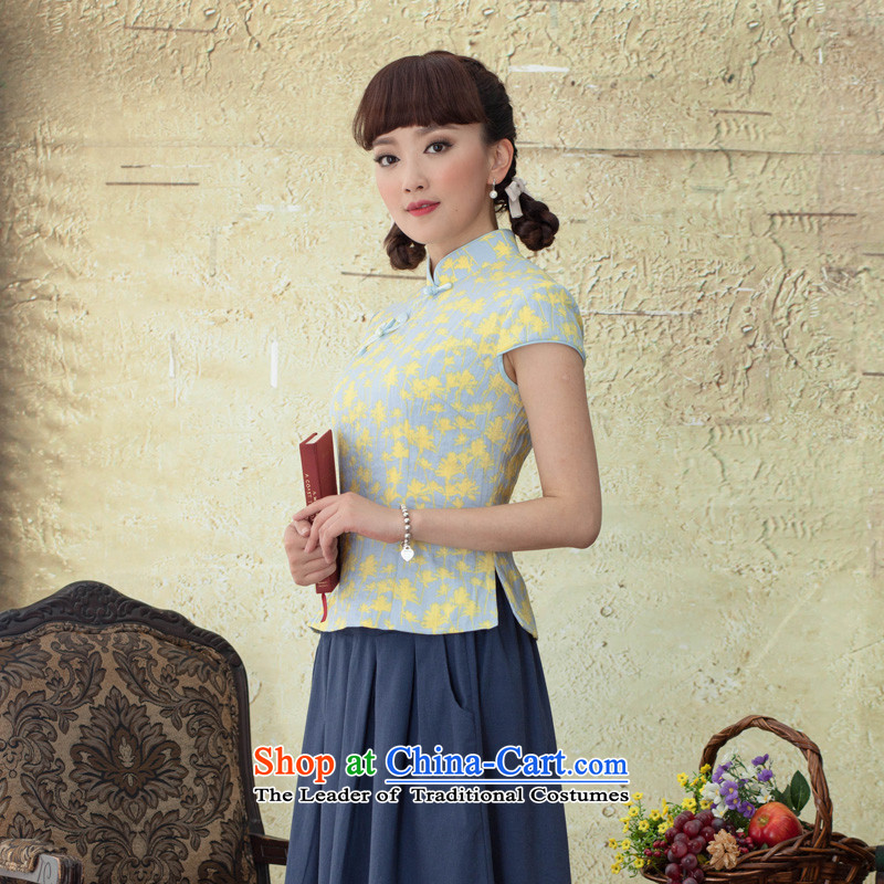 A Pinwheel Without Wind Yat Sweet Dreams Tang dynasty female summer shirt rayon stamp Sau San ethnic yellow T-shirt , blue qipao Yat Lady , , , shopping on the Internet