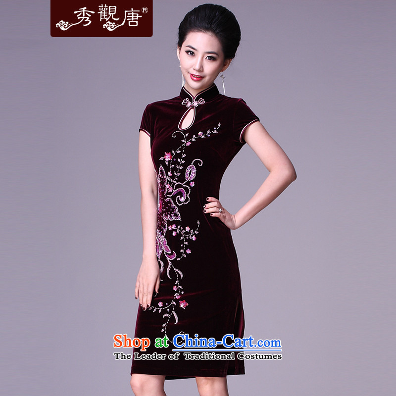 Sau Kwun Tang Hoi-pole star manually staple bead scouring pads qipao/improvements in mother spring long evening dresses G78228 wine red short-sleeved S, Sau Kwun Tong shopping on the Internet has been pressed.