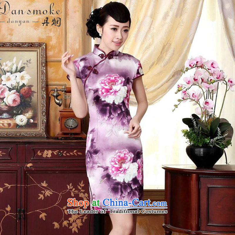 Dan smoke Silk Cheongsam summer improved women's clothes peony herbs extract positioning poster stretch of short, M, Dan qipao smoke , , , shopping on the Internet