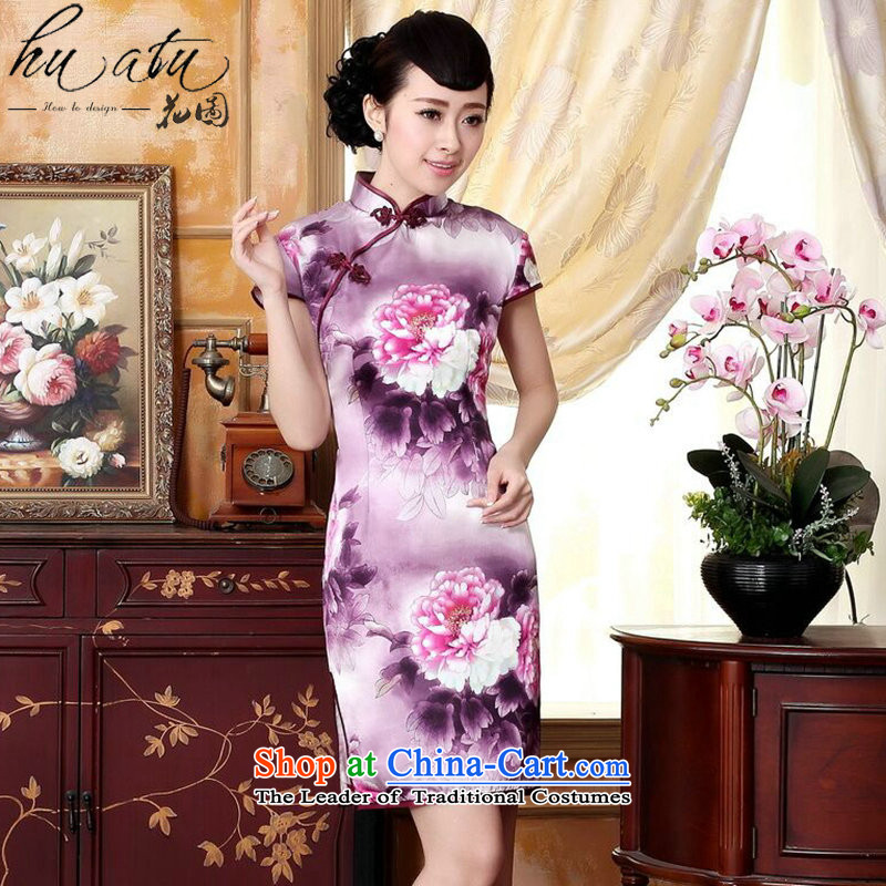 It improved silk cheongsam dress summer peony herbs extract positioning poster stretch of short cheongsam, L, floral shopping on the Internet has been pressed.