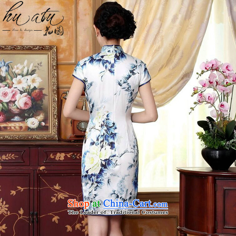 Floral autumn colors pure silk positioning of Mudan Elastic satin poster short qipao Chinese herbs extract improved collar blue qipao Ling S, floral shopping on the Internet has been pressed.