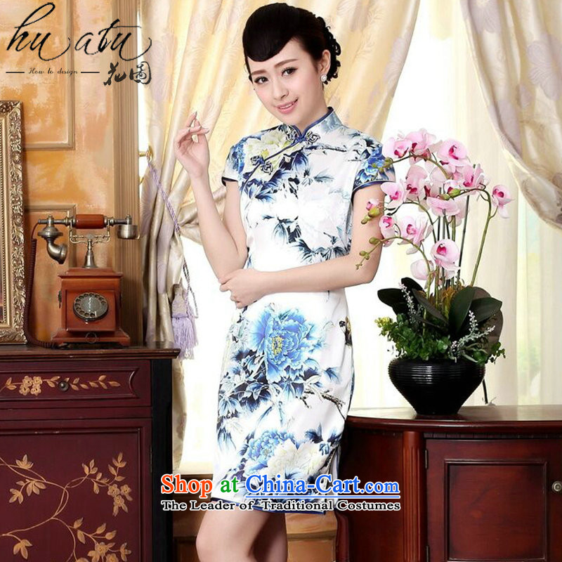 Floral autumn colors pure silk positioning of Mudan Elastic satin poster short qipao Chinese herbs extract improved collar blue qipao Ling S, floral shopping on the Internet has been pressed.