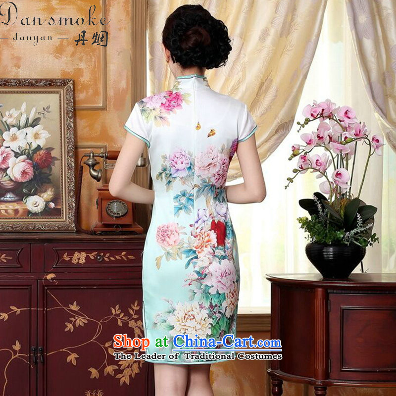 Dan smoke summer peony flowers bloomed wire positioning Chinese collar poster Elastic satin herbs extract improved short qipao is Putin  2XL, Dan Smoke , , , shopping on the Internet