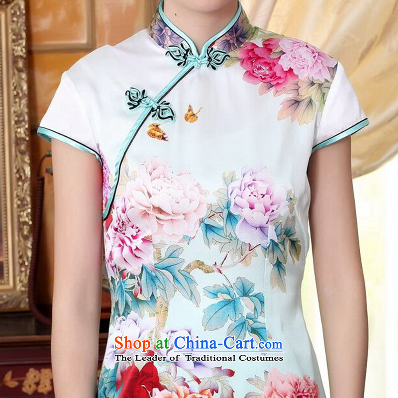 Dan smoke summer peony flowers bloomed wire positioning Chinese collar poster Elastic satin herbs extract improved short qipao is Putin  2XL, Dan Smoke , , , shopping on the Internet