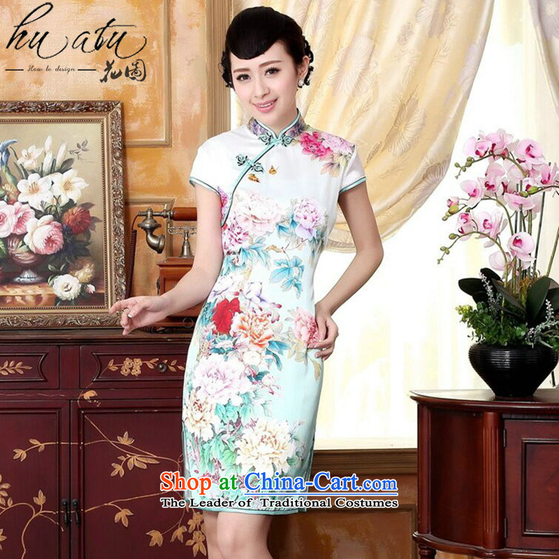 Figure for summer flowers bloomed Silk flower positioning Mudan Chinese collar poster Elastic satin herbs extract improved short qipao is Putin  2XL, floral shopping on the Internet has been pressed.