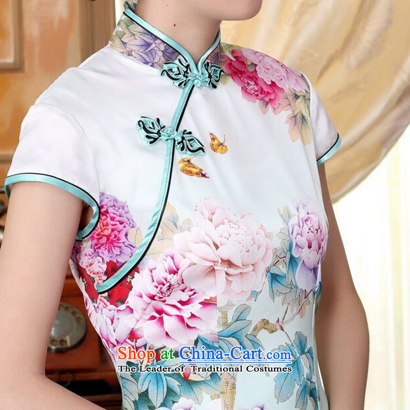 Figure for summer flowers bloomed Silk flower positioning Mudan Chinese collar poster Elastic satin herbs extract improved short qipao is Putin  2XL, floral shopping on the Internet has been pressed.