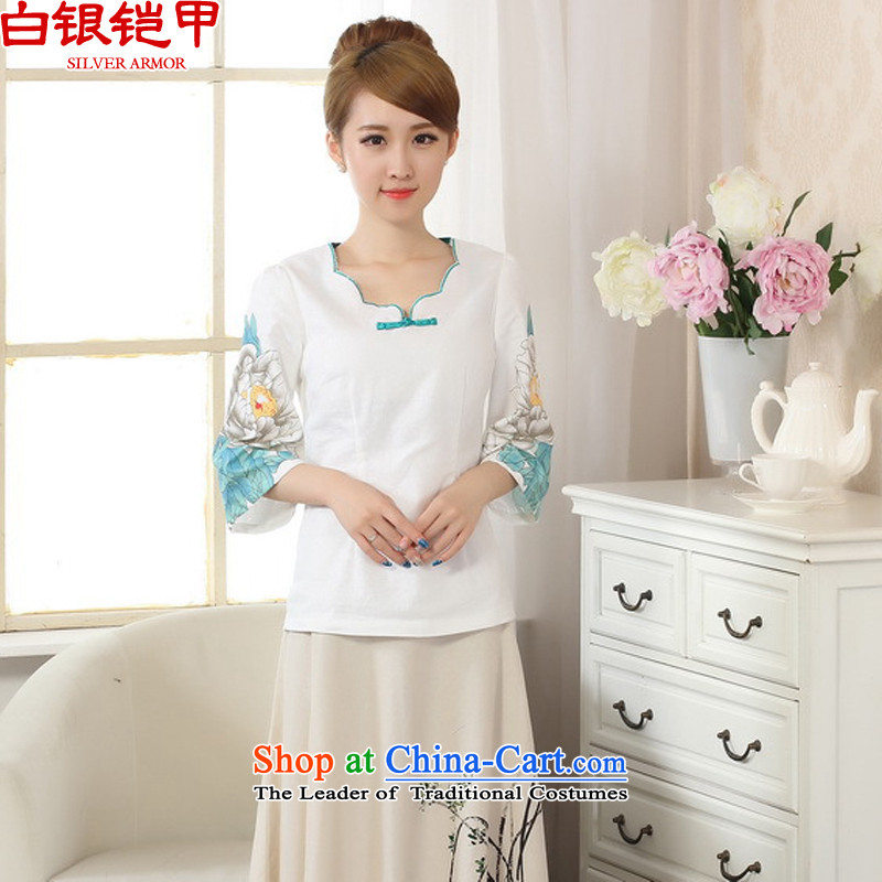 Silver armor Tang Women's clothes cotton linen, served in the women's ancient sleeved shirt Tang dynasty summer Chinese tea service?A0066 improved white?L