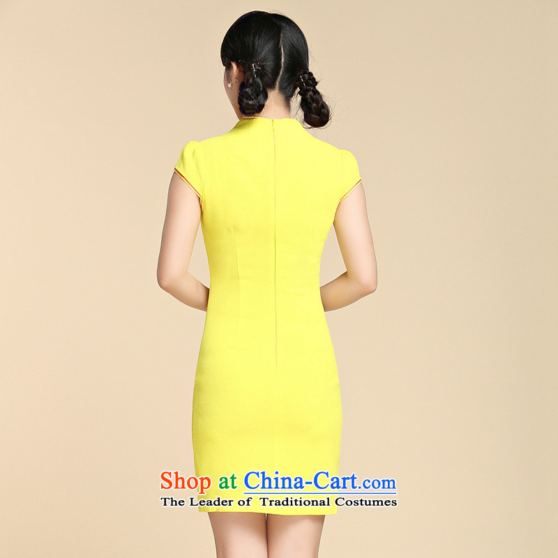 At the end of summer 2015, the skirts of shallow improved Mock-neck Crescent disc is pressed to Sau San on the clip's short stylish embroidery cheongsam YXF948 Yellow XL, light at the end of shopping on the Internet has been pressed.