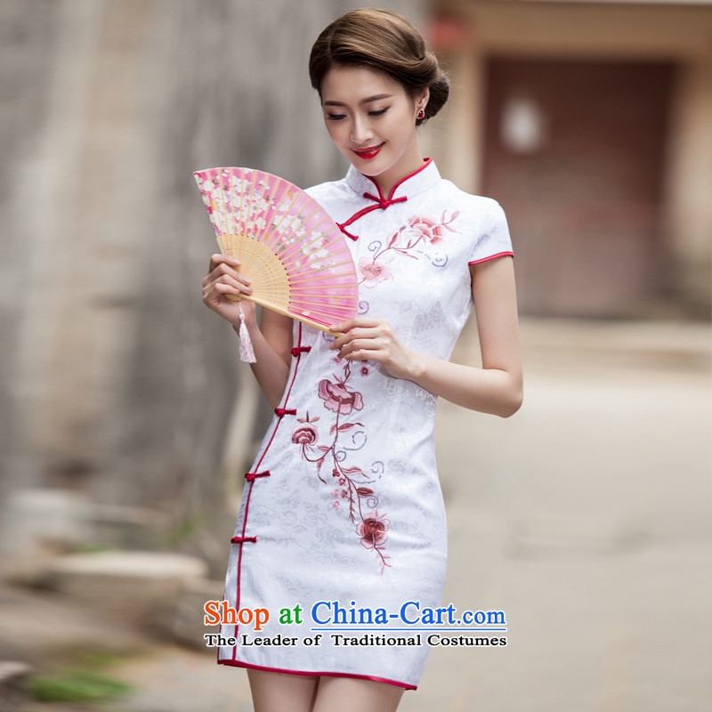 New cheongsam dress 2015 summer short of female improved stylish Sau San embroidery dresses retro Tang dynasty white S daily according to the house of the United States , , , shopping on the Internet