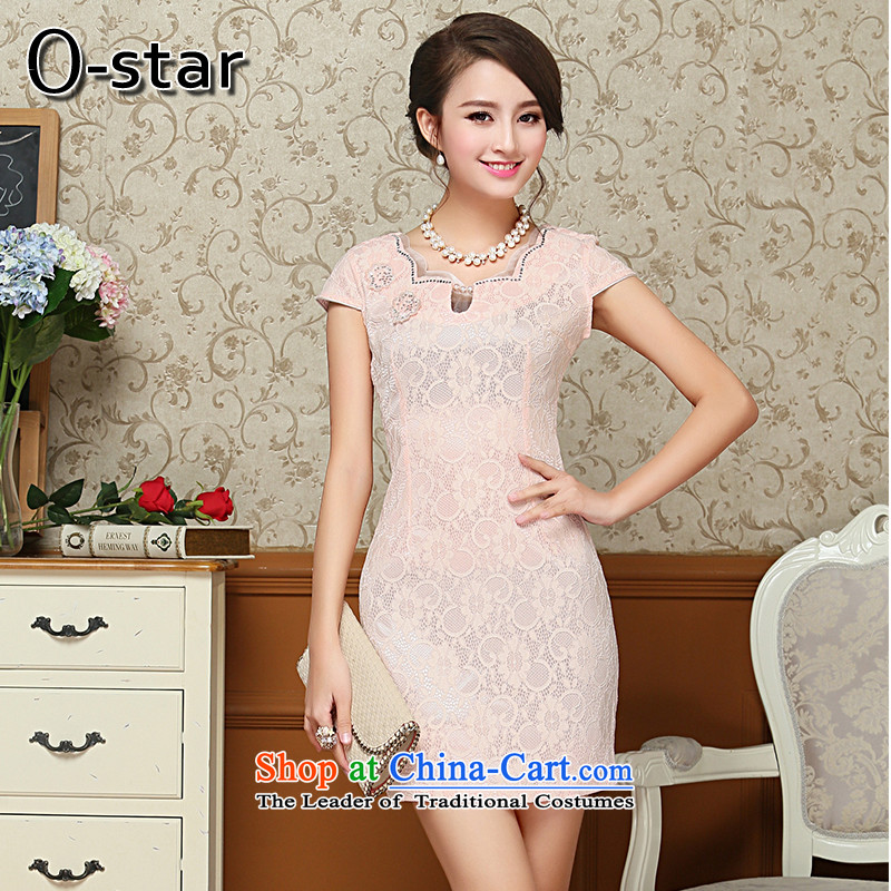 2015 Summer o-star new women's dresses summer pure color stamp stylish improved cheongsam pink?XXL