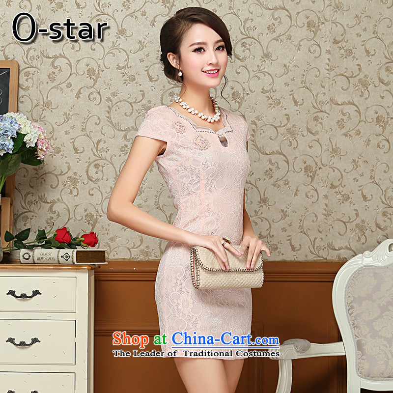 2015 Summer o-star new women's dresses summer pure color stamp stylish improved cheongsam pink Xxl,o-star,,, shopping on the Internet