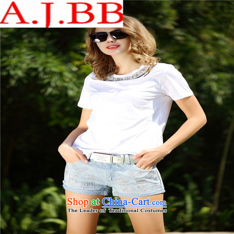Vpro only A4986 dress Europe 2015 Summer new ladies casual stylish round-neck collar embroidery diamond short-sleeved T-shirt with white M,A.J.BB,,, shopping on the Internet