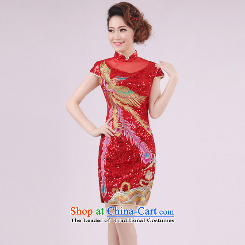 The end of the shallow Phoenix embroidery lace short, on-chip of the forklift truck cheongsam long bridal dresses PYM0023 improved red  light at the end of the Red XL, , , , shopping on the Internet