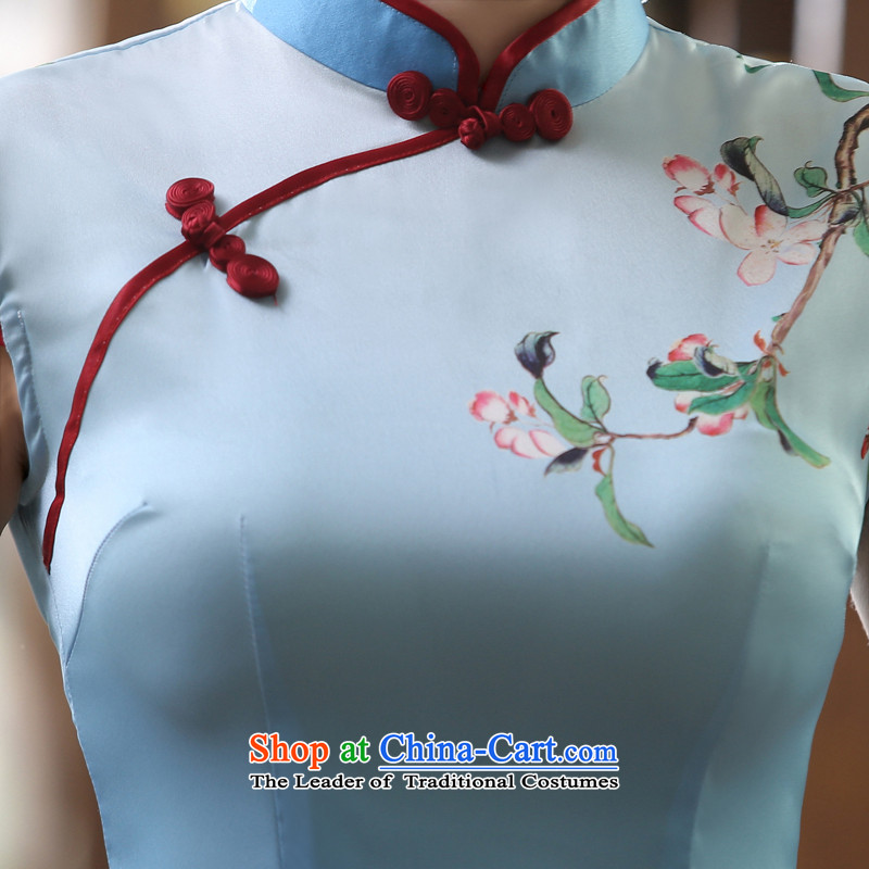 Morning new qipao Land summer short of improvement and Stylish retro herbs extract Chinese qipao silk Jane sticks Blue XL, morning land has been pressed shopping on the Internet