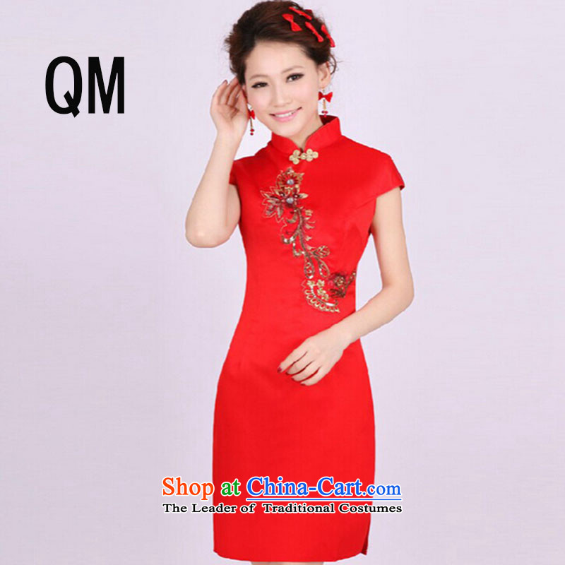 At the end of the summer of light red retro improved qipao ethnic lace short dress bows to the skirt?PYMXYG061?picture color?M