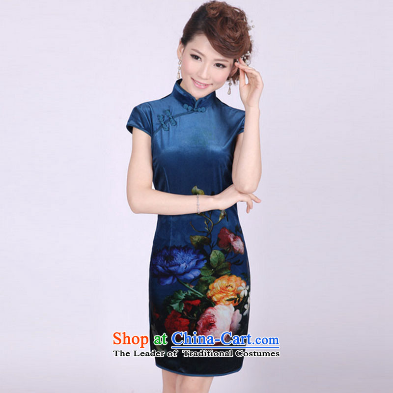 At the end of the summer of light blue noble improved qipao daily ethnic stylish PYMXYG064 dress photo Sau San velvet color at the end of L, shallow shopping on the Internet has been pressed.