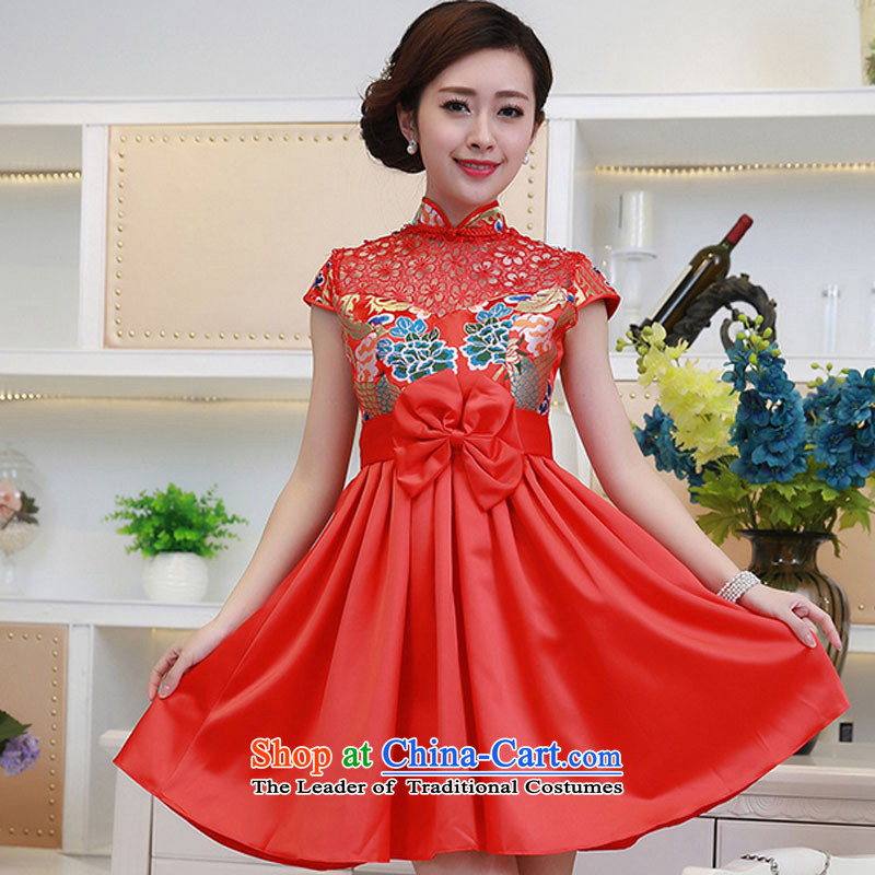 At the end of the summer of qipao light improved wedding dress brocade coverlets stylish red shorts, short-sleeved collar bows to the  end of the Red, L, shallow PYMXYG132 shopping on the Internet has been pressed.