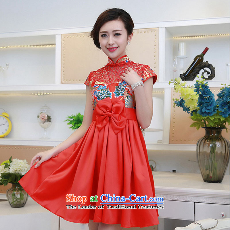 At the end of the summer of qipao light improved wedding dress brocade coverlets stylish red shorts, short-sleeved collar bows to the  end of the Red, L, shallow PYMXYG132 shopping on the Internet has been pressed.