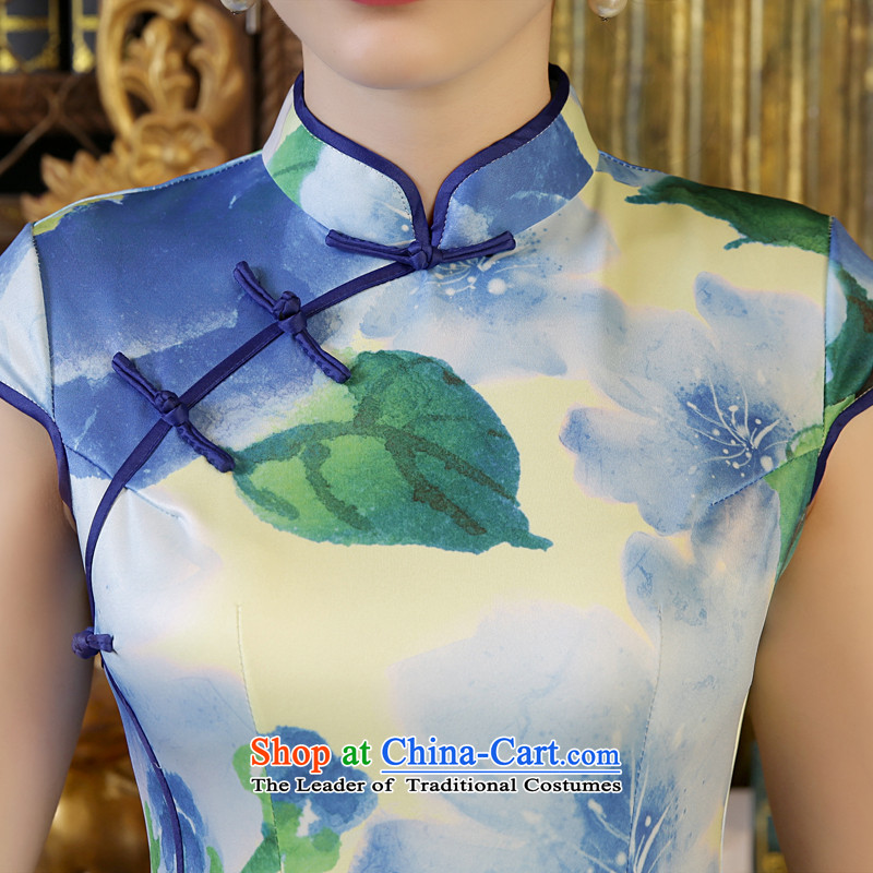 Morning new qipao land long nightmare for summer high on sepia short, stylish Chinese qipao improved graphics thin blue , L, morning land in the mood for shopping on the Internet has been pressed.