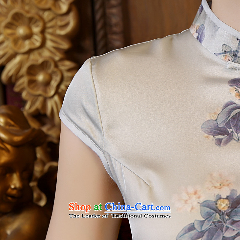 Morning new qipao land long summer short of improvement and Stylish retro herbs extract silk CHINESE CHEONGSAM video thin light gray M morning land has been pressed shopping on the Internet