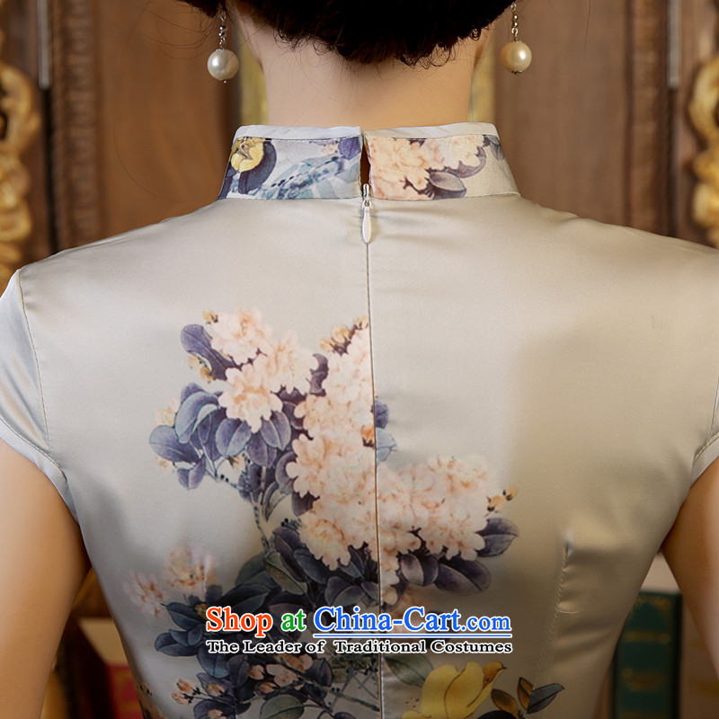 Morning new qipao land long summer short of improvement and Stylish retro herbs extract silk CHINESE CHEONGSAM video thin light gray M morning land has been pressed shopping on the Internet