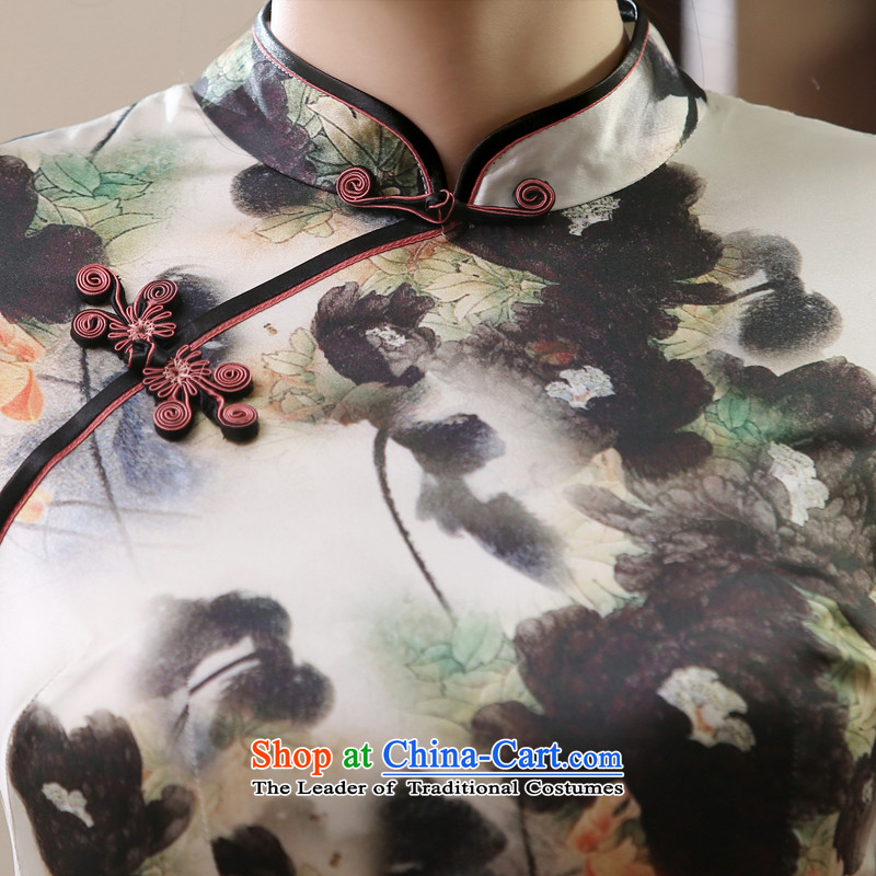 Morning new qipao Land summer short of improvement and Stylish retro herbs extract heavyweight Silk Cheongsam video thin ink Nga Light Gray XL, morning land has been pressed shopping on the Internet