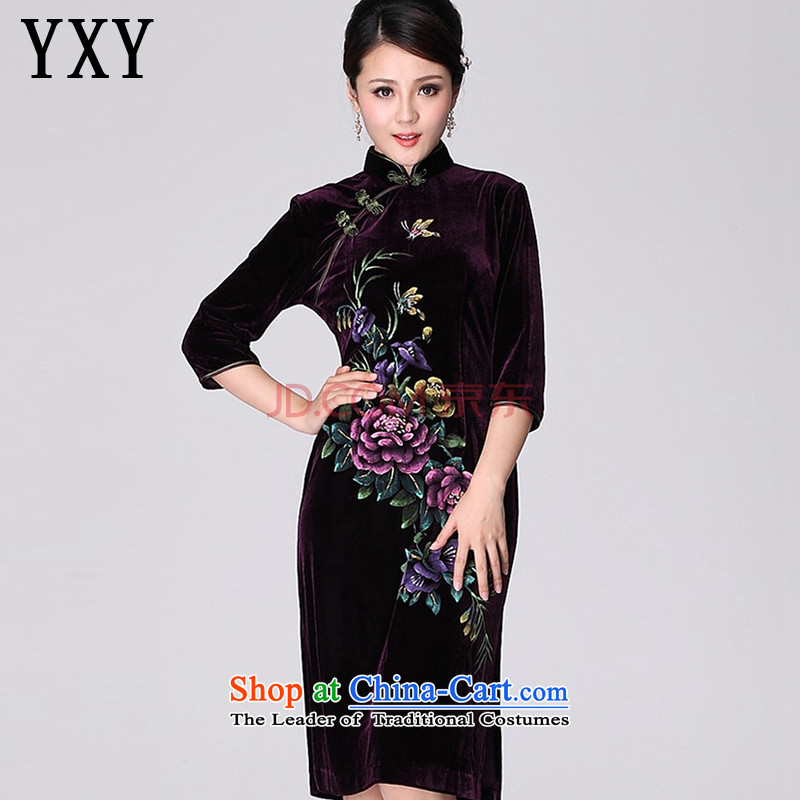 In line long-sleeved cloud. Kim qipao hand-painted silk peony flowers in older mother married replacing Tang dynasty?AQE8868 dress?in purple?XXXXL cuffs
