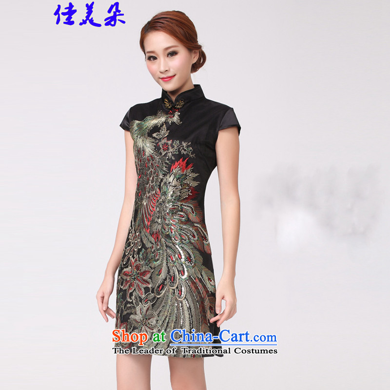 Jia Mei flower? 2015 New Peacock hot embroidered peacock wedding celebration for the moms qipao qipao 6608_ improved black?S