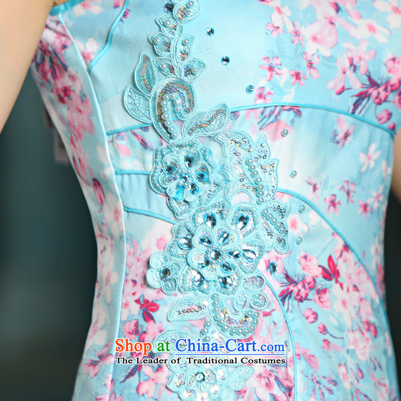 Edge Yanta new summer 2015 Graphics thin cheongsam dress circle style improvement Sau San embroidery cheongsam 9022 Blue XXL, edge Yanta shopping on the Internet has been pressed.