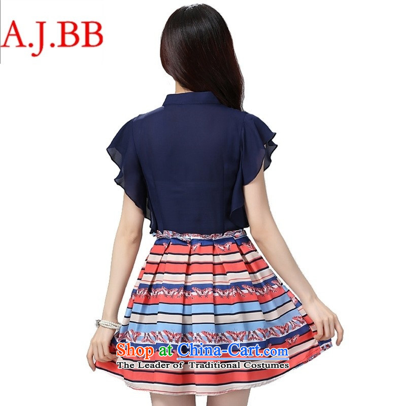 Orange Tysan * Large fat mm female Summer 2015 Korean stitching stamp chiffon dresses to intensify the dark blue suit XXXXL,A.J.BB,,, + shopping on the Internet