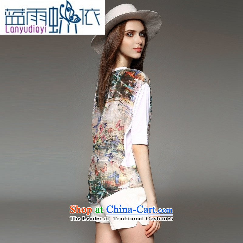 Ya-ting shop for summer new western style reminiscent of the butterfly stamp loose silk and cotton shirt white version , L, blue rain butterfly according to , , , shopping on the Internet