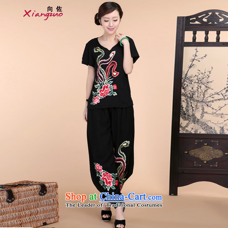 2015 Summer to Sepia Sau San Tang dynasty embroidered Short Sleeve V-Neck short-sleeved T-shirt relaxd casual pants two-piece set with black?XXL