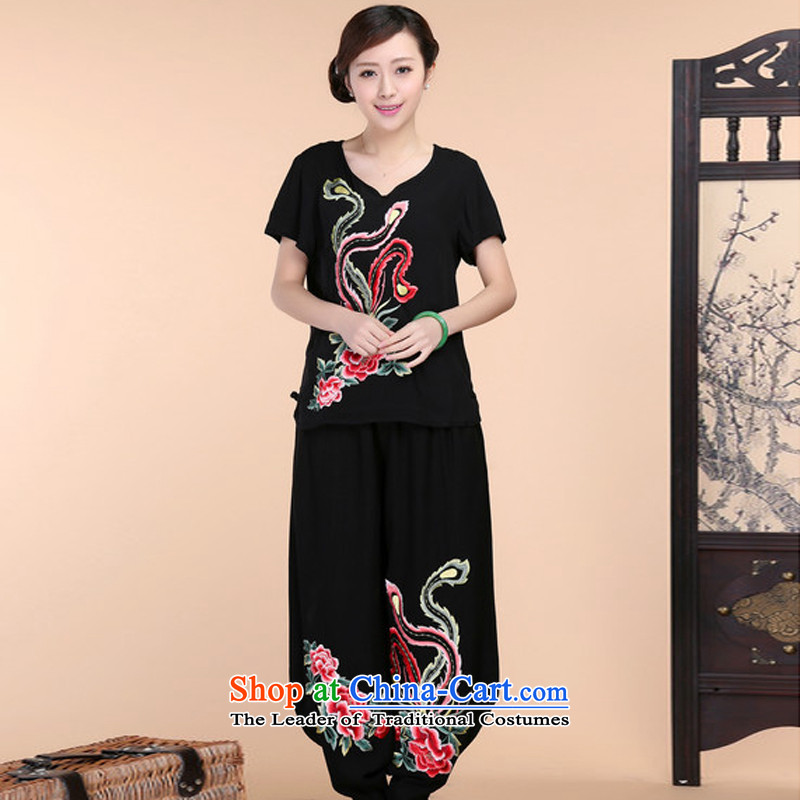 2015 Summer to Sepia Sau San Tang dynasty embroidered Short Sleeve V-Neck short-sleeved T-shirt relaxd casual pants two-piece set pack Black Kit (xiangzuo XXL, to) , , , shopping on the Internet