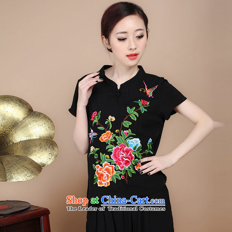 2015 Summer to Korean version of nostalgia for the Tang dynasty embroidery Sau San short-sleeved T-shirt with round collar Tang dynasty trouser press kit can sell black XXL, to (xiangzuo) , , , shopping on the Internet