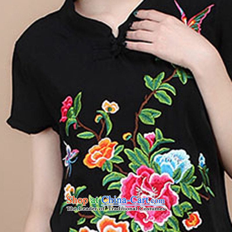 2015 Summer to Korean version of nostalgia for the Tang dynasty embroidery Sau San short-sleeved T-shirt with round collar Tang dynasty trouser press kit can sell black XXL, to (xiangzuo) , , , shopping on the Internet