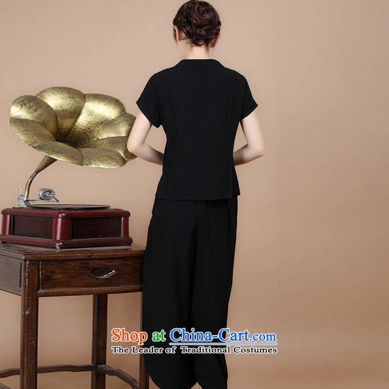 To 2015 summer as cotton embroidery decorated in Tang Dynasty V-Neck short-sleeved T-shirt, two sets of load pants can sell black XXL, to (xiangzuo) , , , shopping on the Internet
