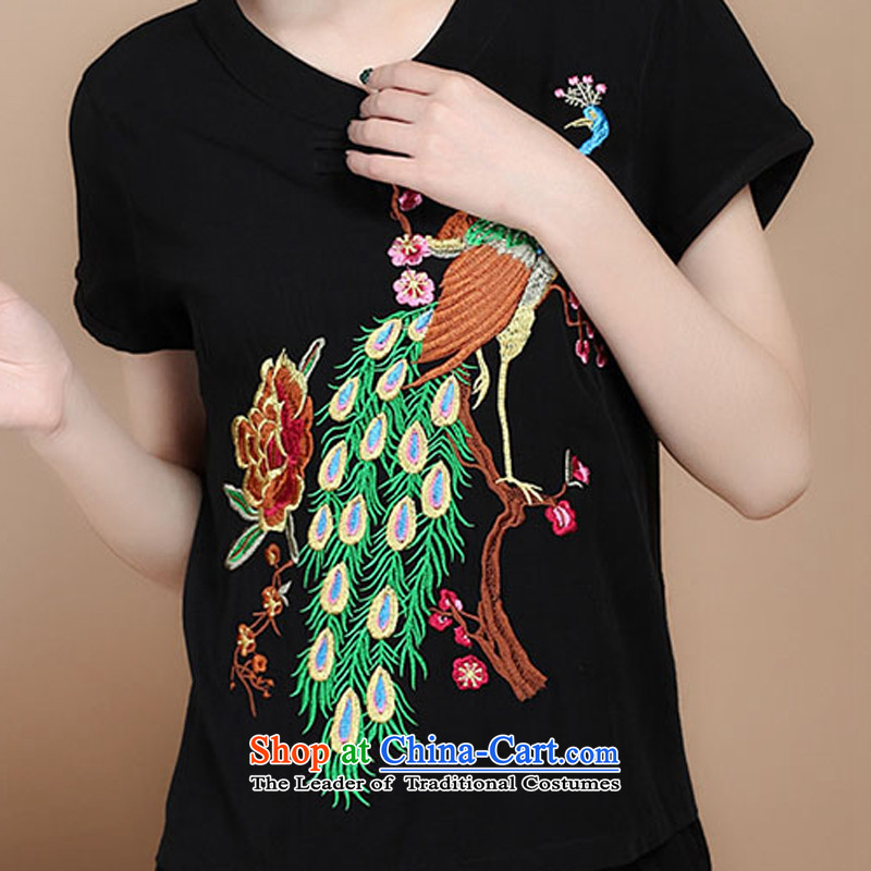 To 2015 summer as cotton embroidery decorated in Tang Dynasty V-Neck short-sleeved T-shirt, two sets of load pants can sell black XXL, to (xiangzuo) , , , shopping on the Internet