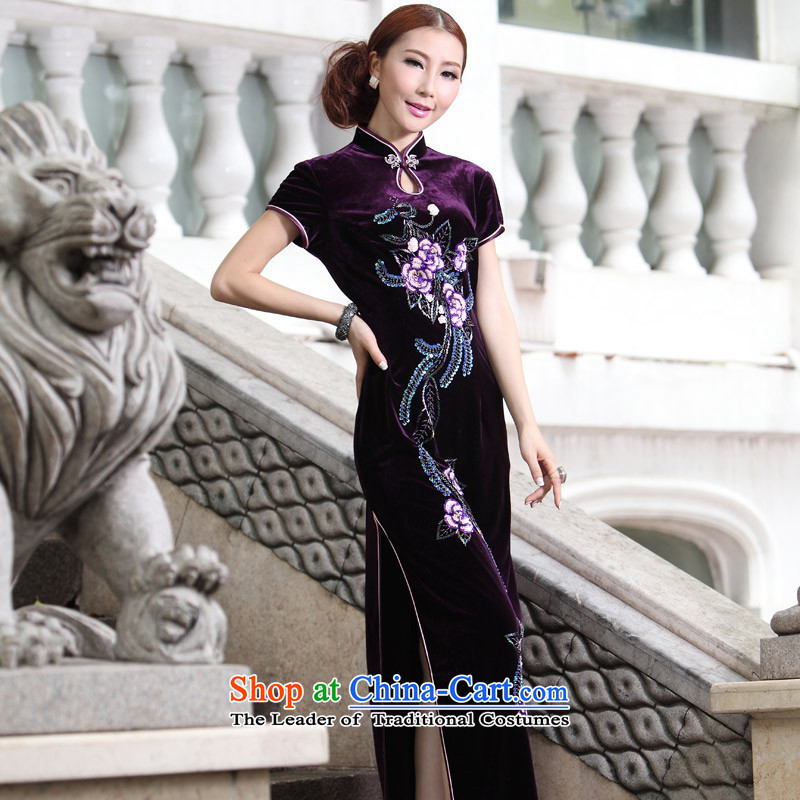 Eason Chan point long embroidery retro QIPAO) wedding dresses mother Dinner Package round-neck collar middle-aged larger Kee-sleeved gown skirt purple XL payment for about a week shipment, Eason Chan point , , , shopping on the Internet