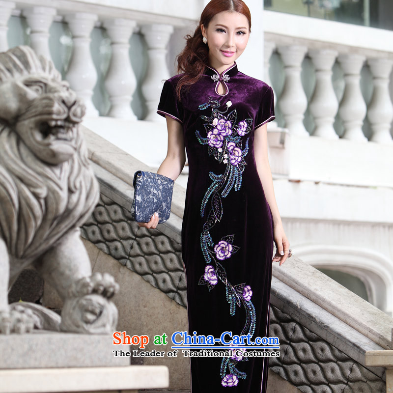 Eason Chan point long embroidery retro QIPAO) wedding dresses mother Dinner Package round-neck collar middle-aged larger Kee-sleeved gown skirt purple XL payment for about a week shipment, Eason Chan point , , , shopping on the Internet