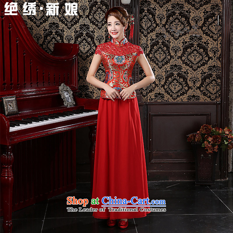 2015 new stylish red dress code long large graphics thin retro improved qipao marriages bows to female red?S?Suzhou Shipment