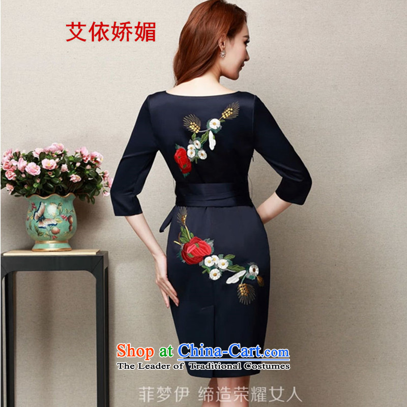 Spring 2015 new temperament dinner dress fifth cuff cheongsam dress casual embroidery temperament gas farm wild blue skirt , L, HIV in soubrette shopping on the Internet has been pressed.