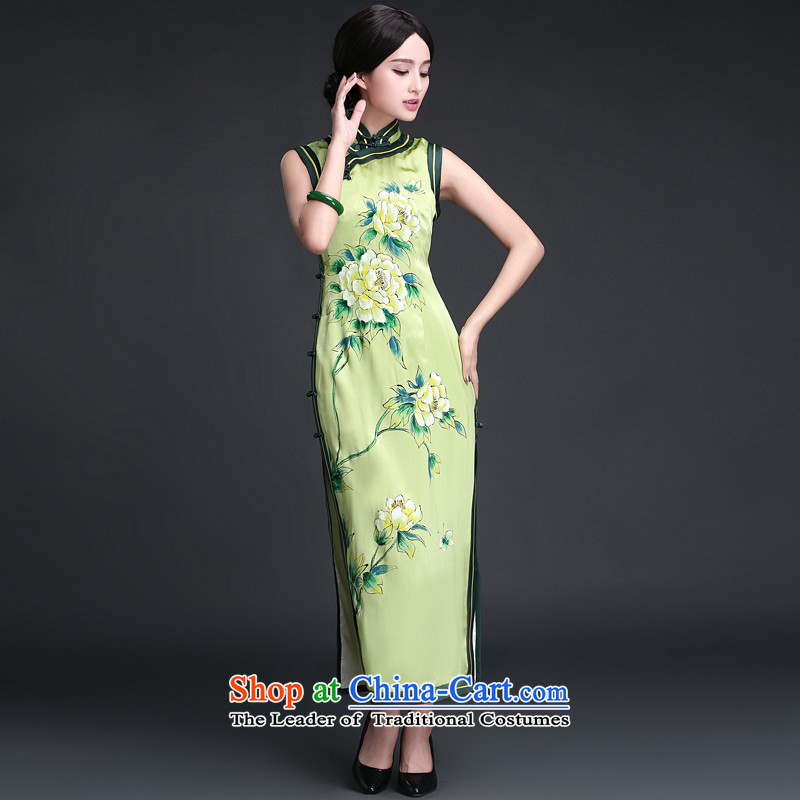 Chinese New Year 2015 classic ethnic summer silk herbs extract Ms. hand-painted improved qipao antique dresses long grass green XL, ethnic Chinese Classic (HUAZUJINGDIAN) , , , shopping on the Internet