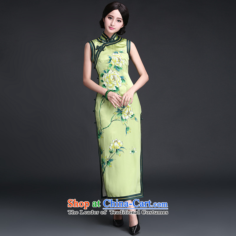 Chinese New Year 2015 classic ethnic summer silk herbs extract Ms. hand-painted improved qipao antique dresses long grass green XL, ethnic Chinese Classic (HUAZUJINGDIAN) , , , shopping on the Internet